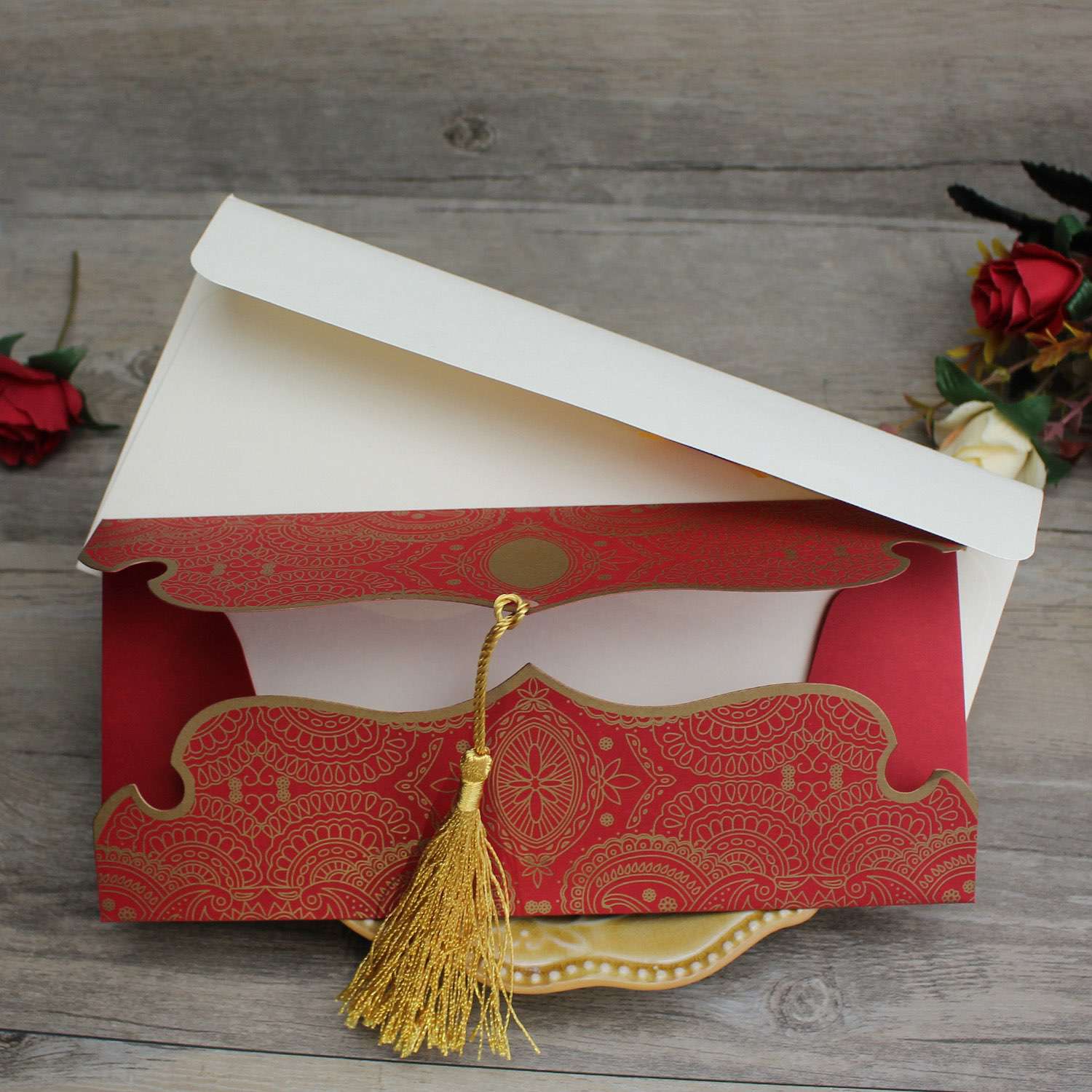 Red Marriage Invitation Card with Tassel Festive Card Personalized Custom